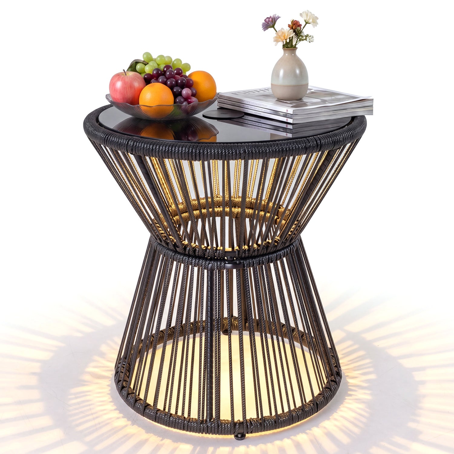Outdoor Side Table, LED Warm Light, Tempered Glass Top, Black Patio Coffee Tables Black at Gallery Canada
