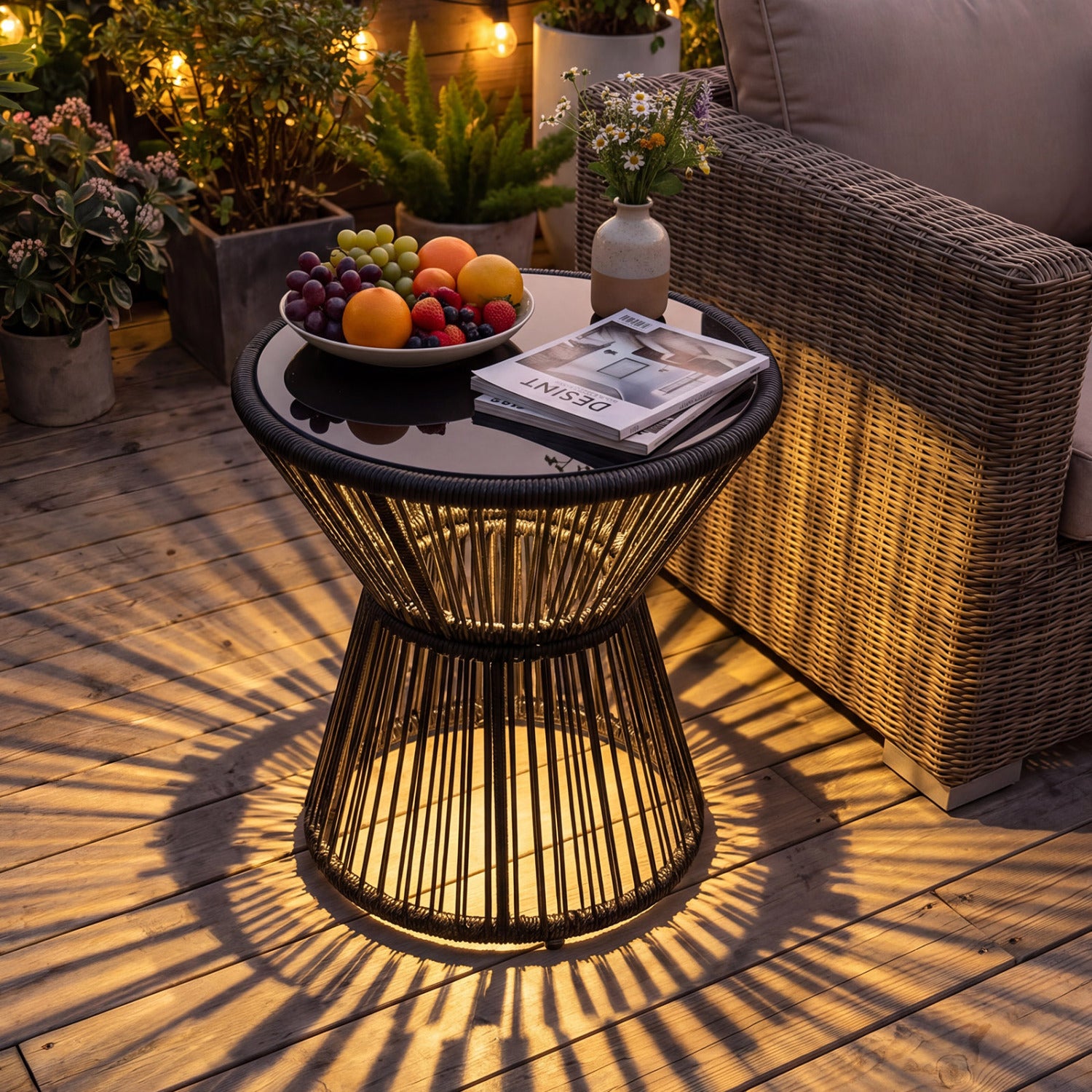 Outdoor Side Table, LED Warm Light, Tempered Glass Top, Black Patio Coffee Tables at Gallery Canada