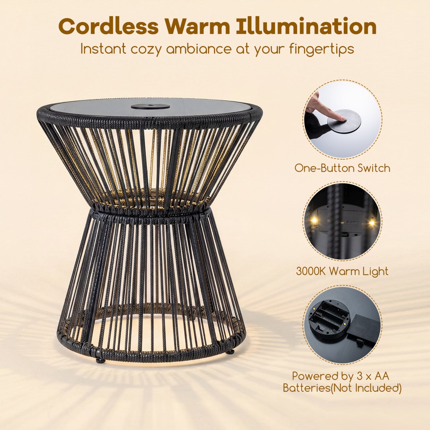 Outdoor Side Table, LED Warm Light, Tempered Glass Top, Black Patio Coffee Tables at Gallery Canada