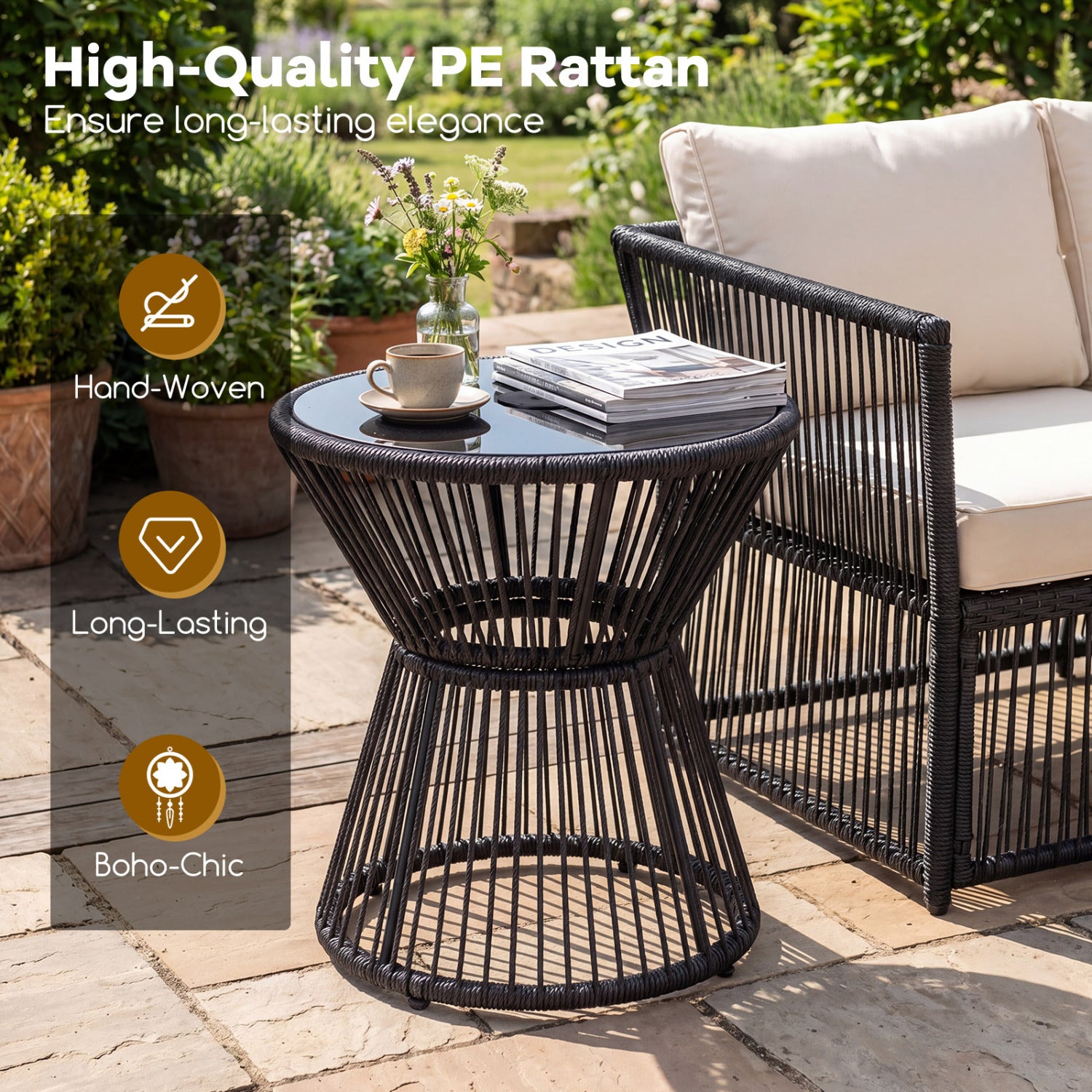 Outdoor Side Table, LED Warm Light, Tempered Glass Top, Black Patio Coffee Tables at Gallery Canada