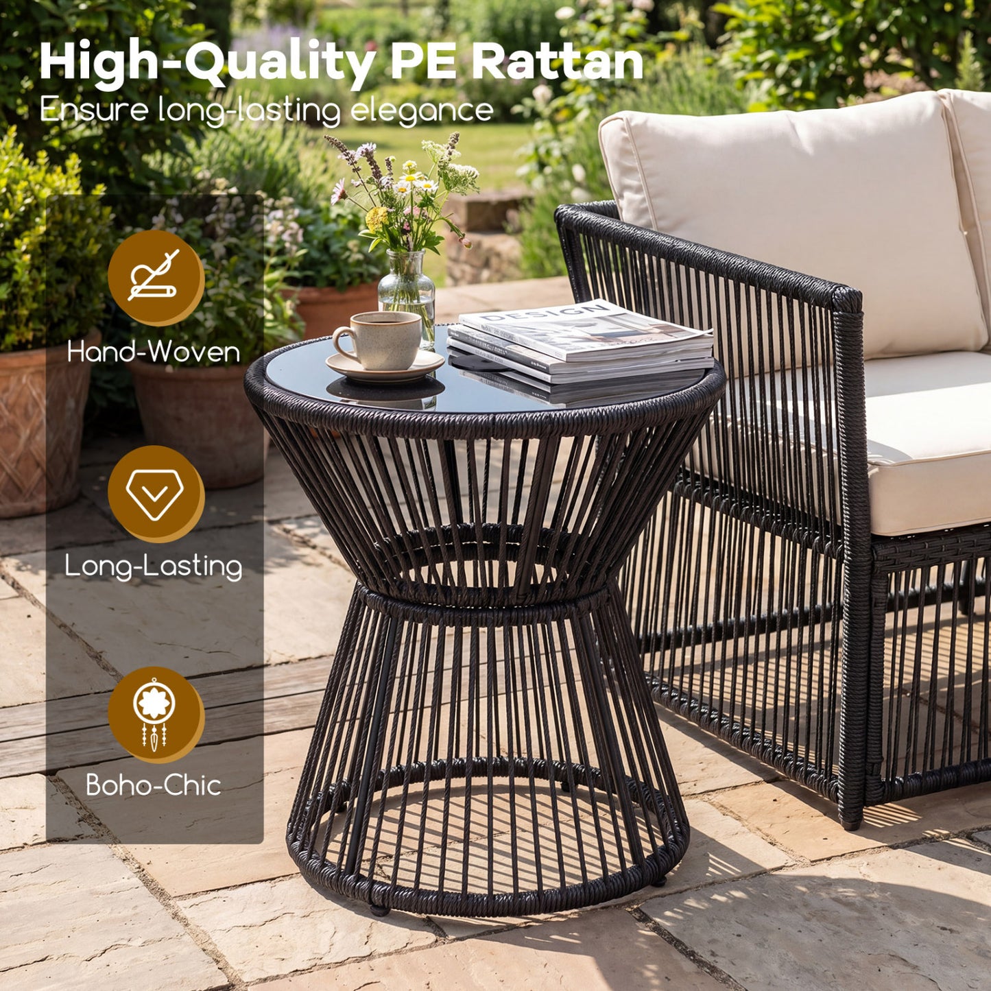 Outdoor Side Table, LED Warm Light, Tempered Glass Top, Black Patio Coffee Tables at Gallery Canada