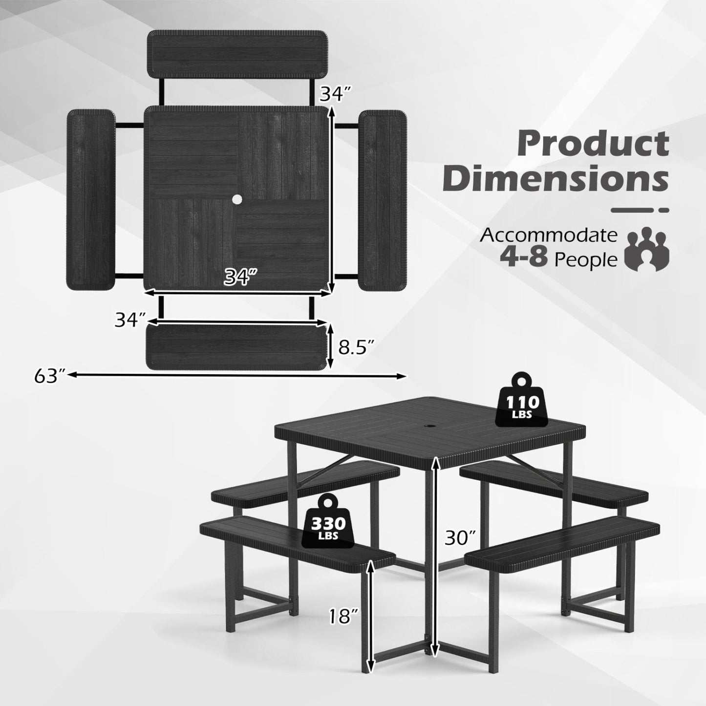 Square Picnic Table Bench Set For 4-8 People, Black
