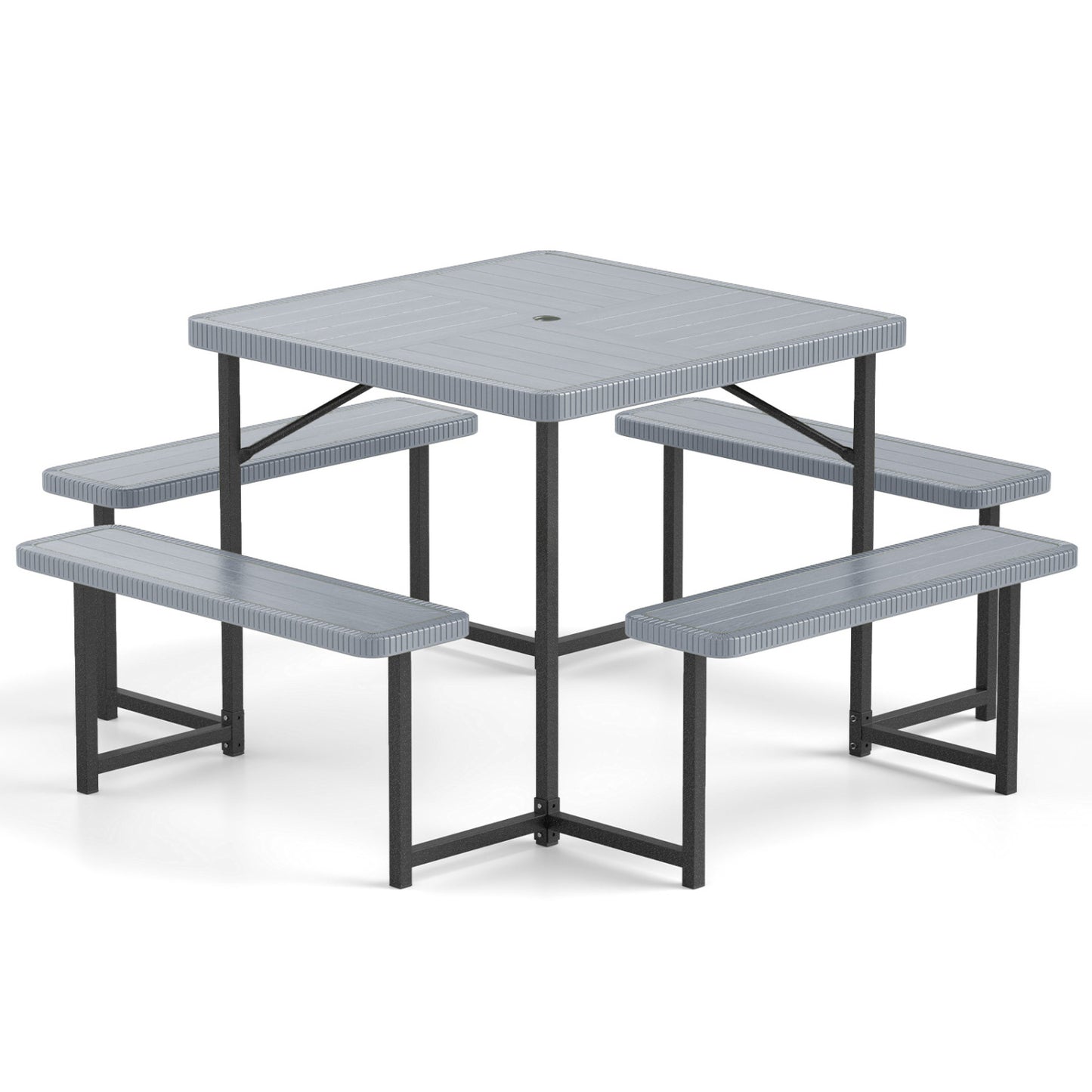 Square Picnic Table Bench Set, 4-8 People, Umbrella Hole, Gray