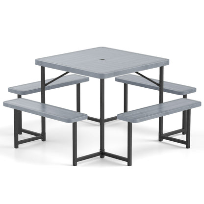 Square Picnic Table Bench Set, 4-8 People, Umbrella Hole, Gray