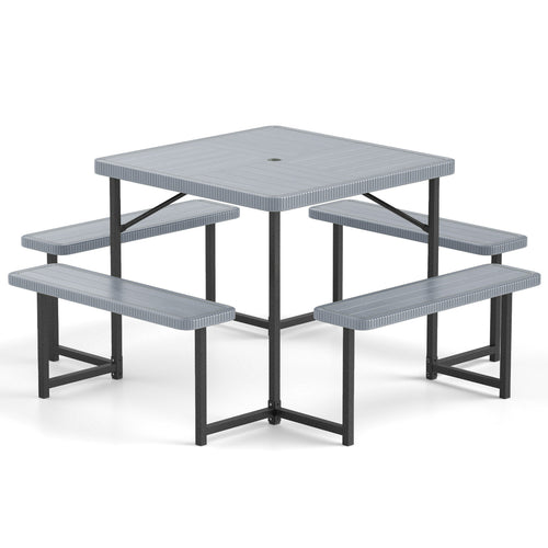 Square Picnic Table Bench Set, 4-8 People, Umbrella Hole, Gray