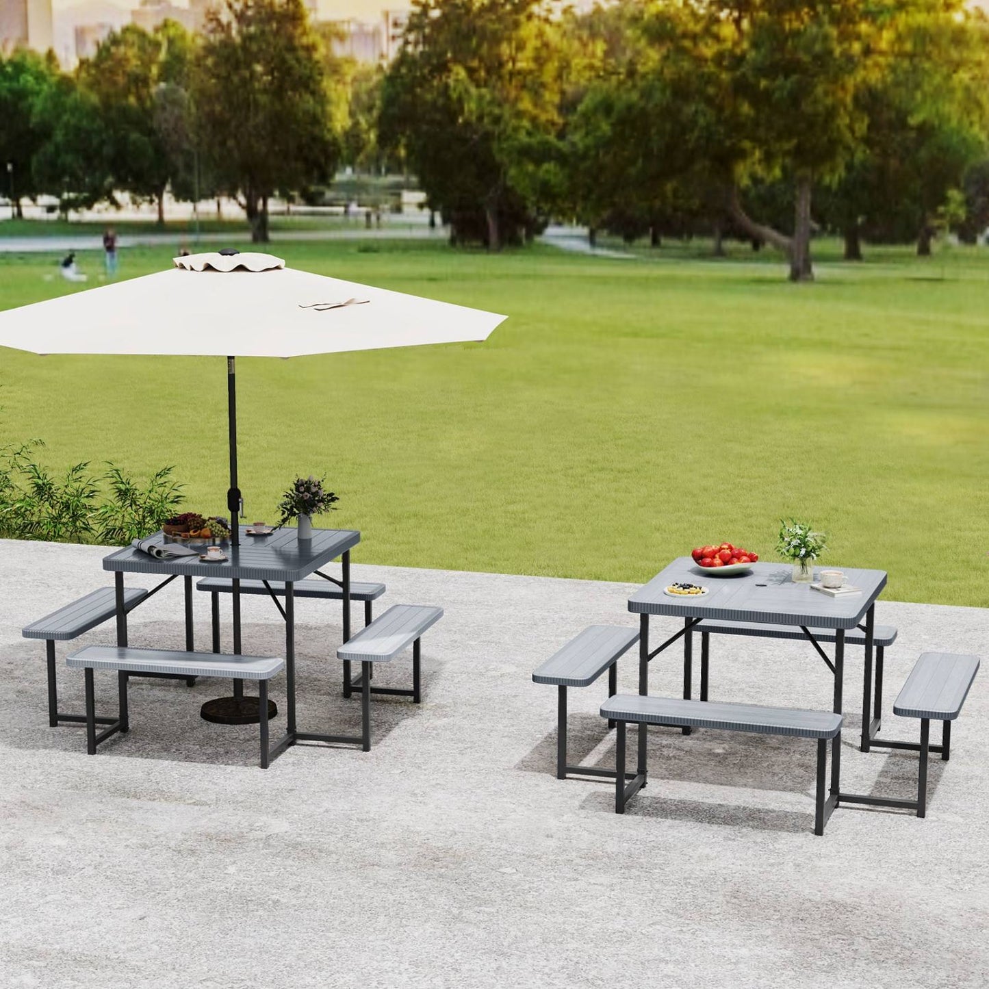 Square Picnic Table Bench Set, 4-8 People, Umbrella Hole, Gray