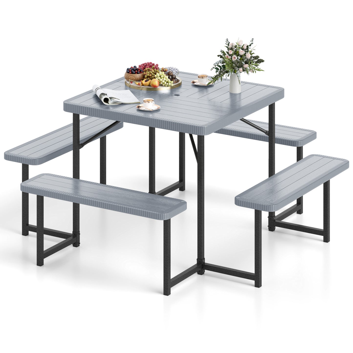 Square Picnic Table Bench Set, 4-8 People, Umbrella Hole, Gray