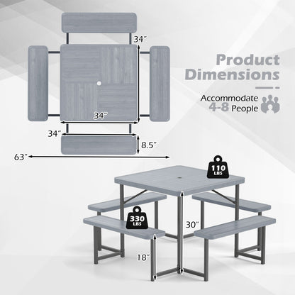 Square Picnic Table Bench Set, 4-8 People, Umbrella Hole, Gray