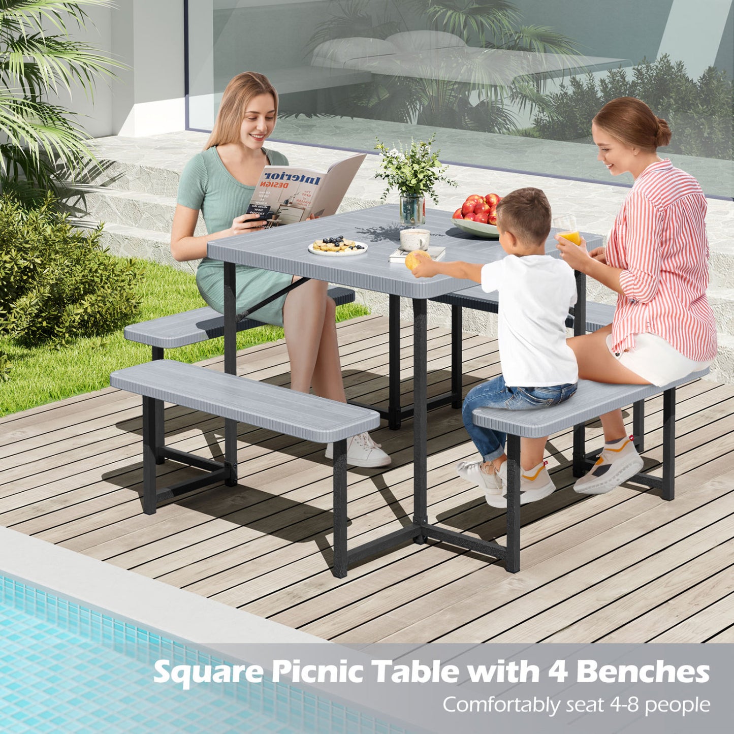 Square Picnic Table Bench Set, 4-8 People, Umbrella Hole, Gray
