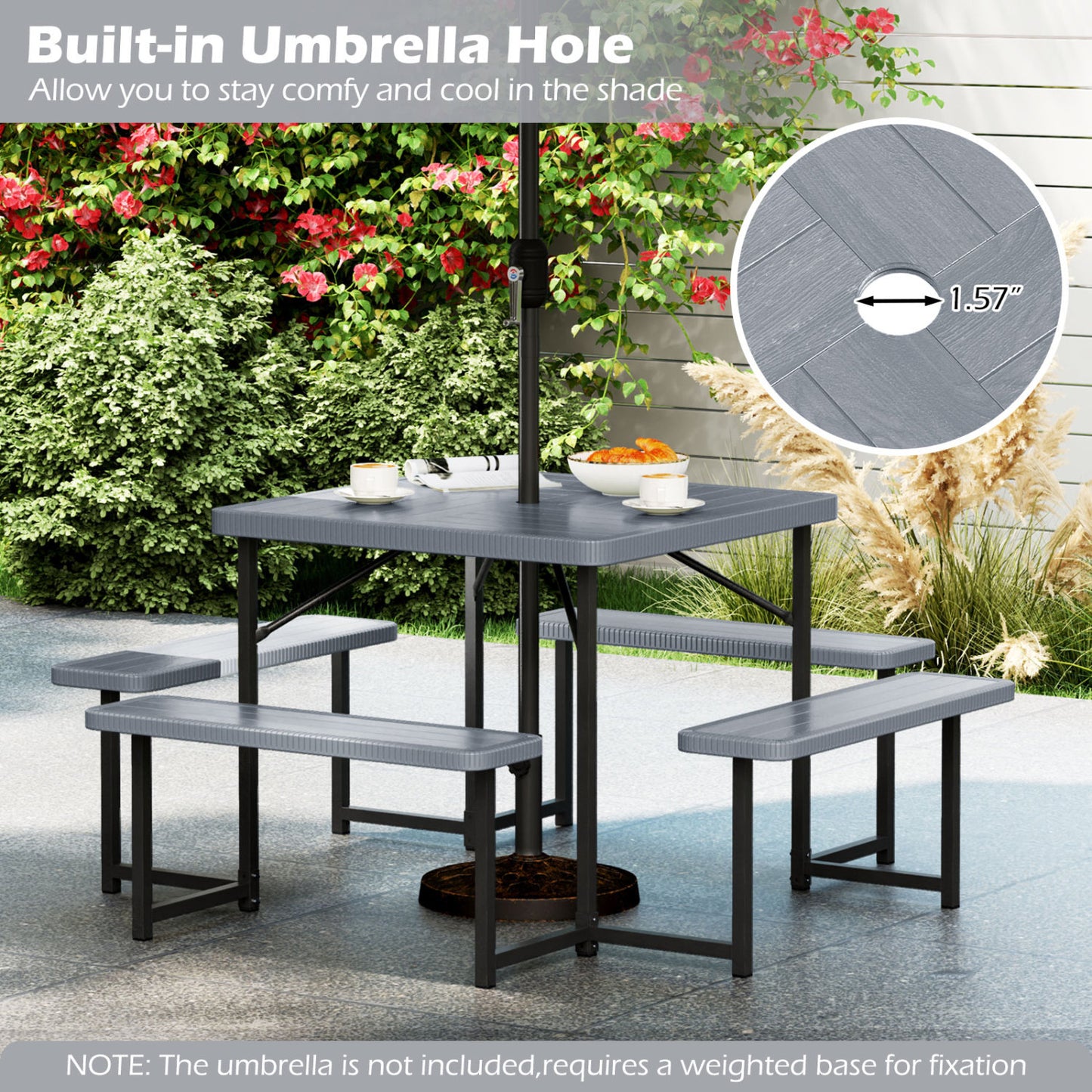 Square Picnic Table Bench Set, 4-8 People, Umbrella Hole, Gray