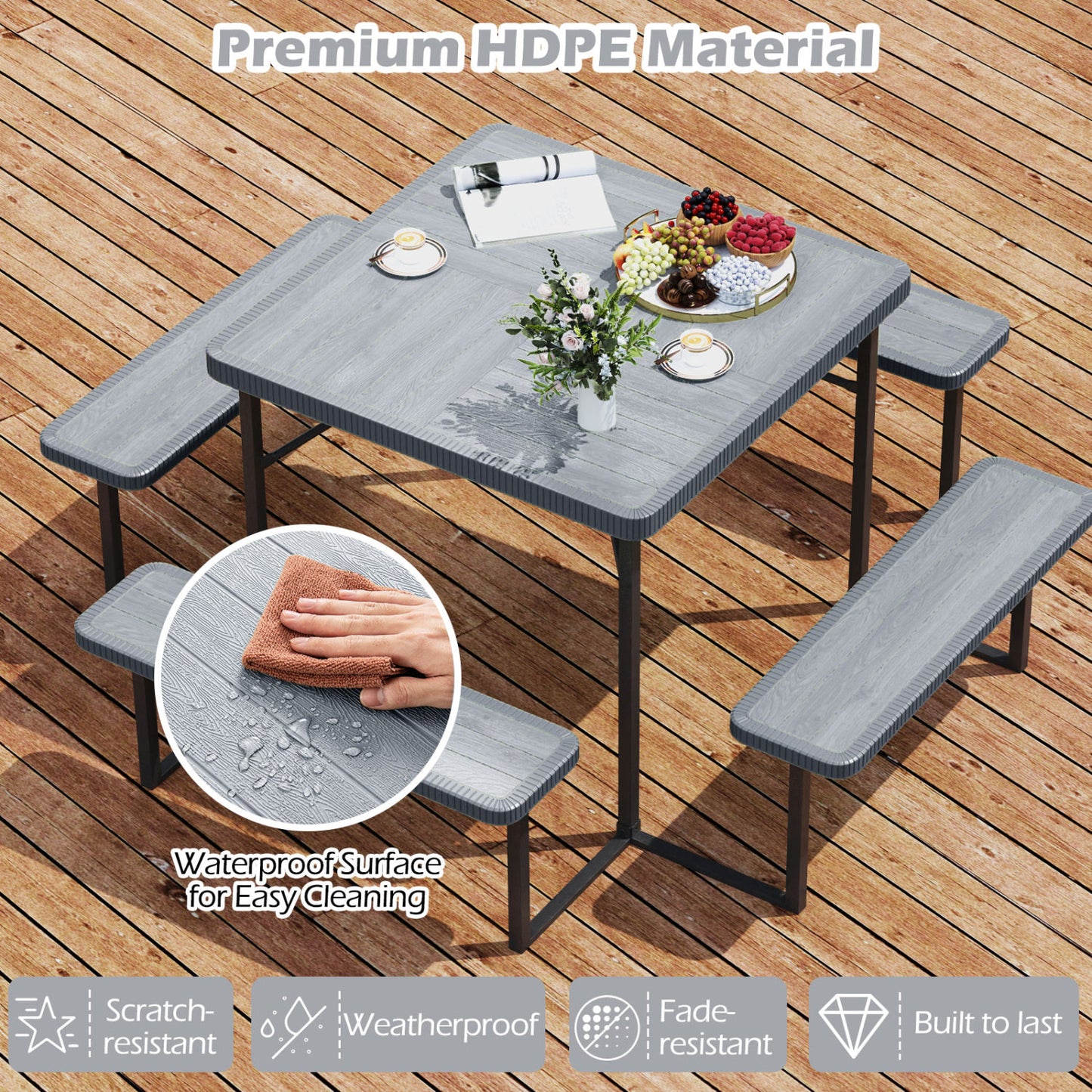 Square Picnic Table Bench Set, 4-8 People, Umbrella Hole, Gray