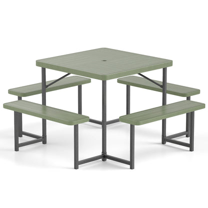 Outdoor Square Picnic Table Bench Set, 4-8 People, Umbrella Hole, Green