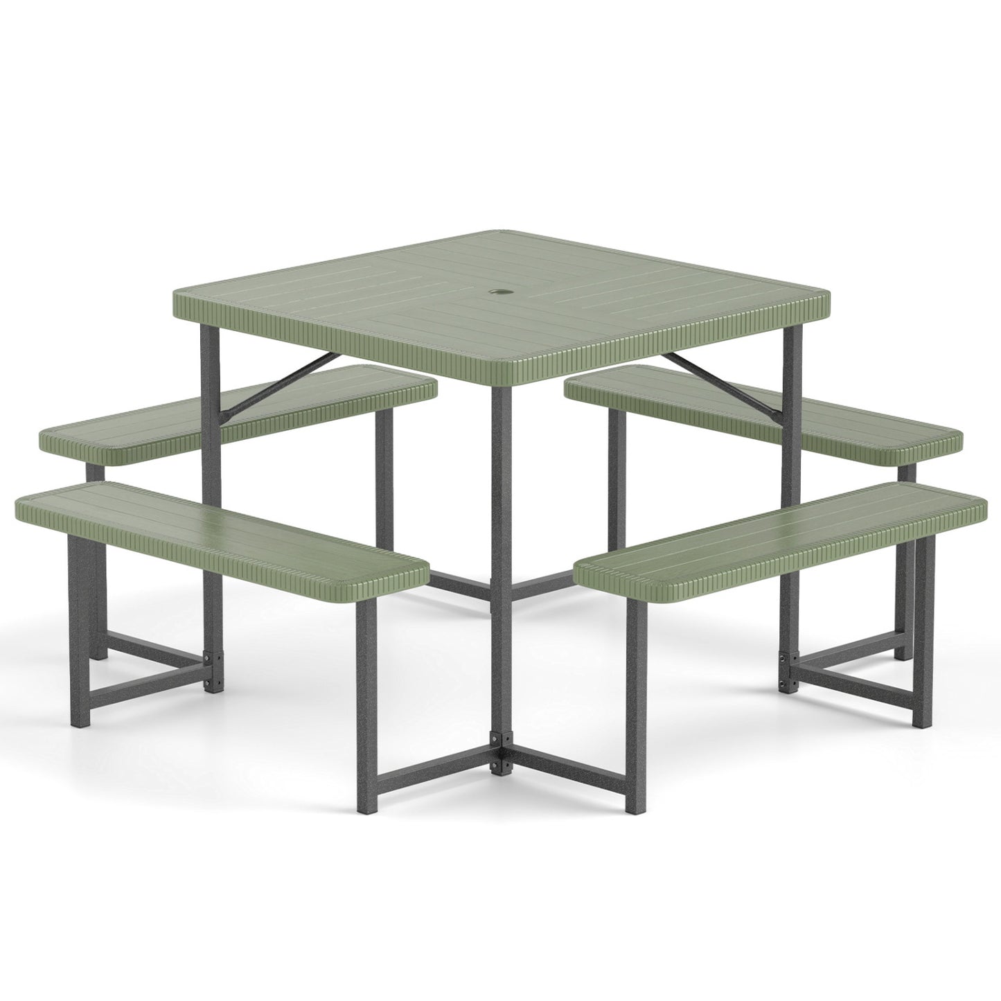 Outdoor Square Picnic Table Bench Set, 4-8 People, Umbrella Hole, Green