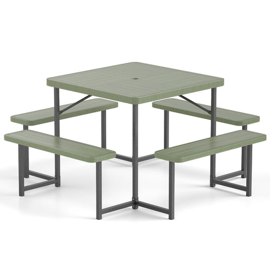 Outdoor Square Picnic Table Bench Set, 4-8 People, Umbrella Hole, Green Picnic Tables Green at Gallery Canada