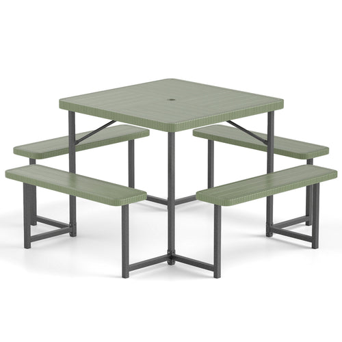 Outdoor Square Picnic Table Bench Set, 4-8 People, Umbrella Hole, Green