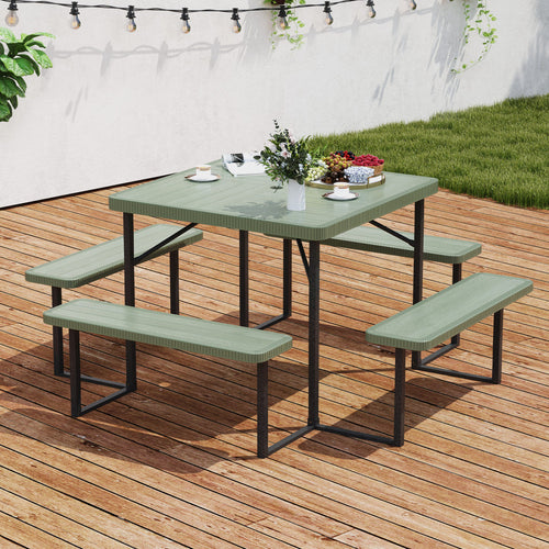 Outdoor Square Picnic Table Bench Set, 4-8 People, Umbrella Hole, Green