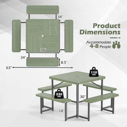 Outdoor Square Picnic Table Bench Set, 4-8 People, Umbrella Hole, Green