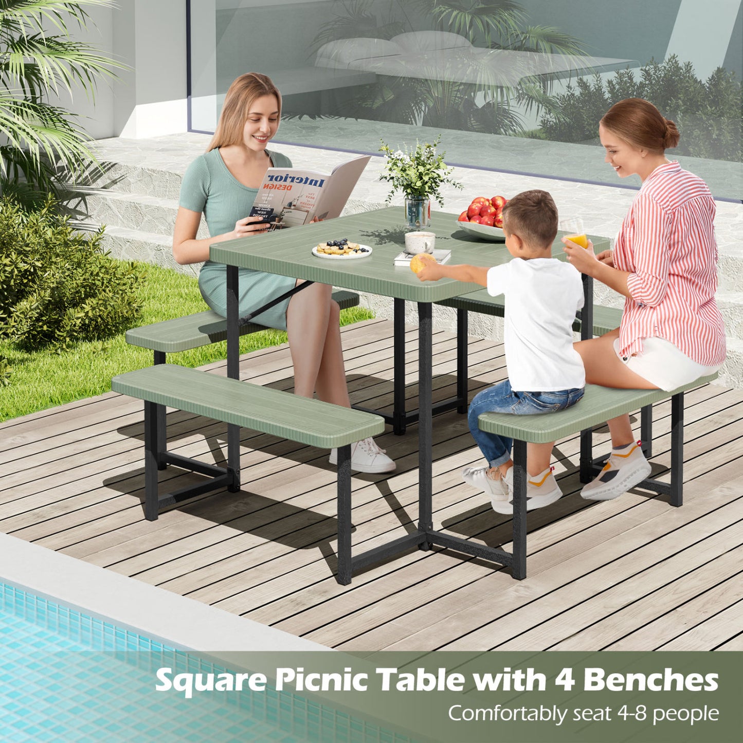 Outdoor Square Picnic Table Bench Set, 4-8 People, Umbrella Hole, Green