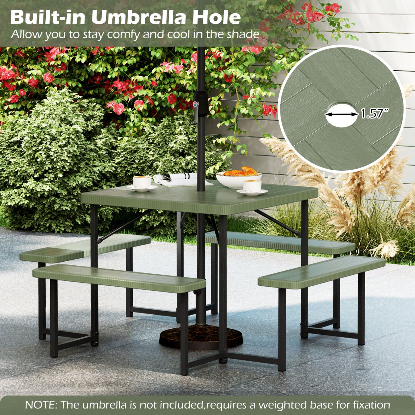 Outdoor Square Picnic Table Bench Set, 4-8 People, Umbrella Hole, Green