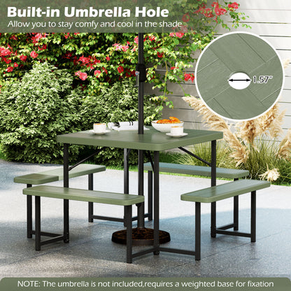 Outdoor Square Picnic Table Bench Set, 4-8 People, Umbrella Hole, Green