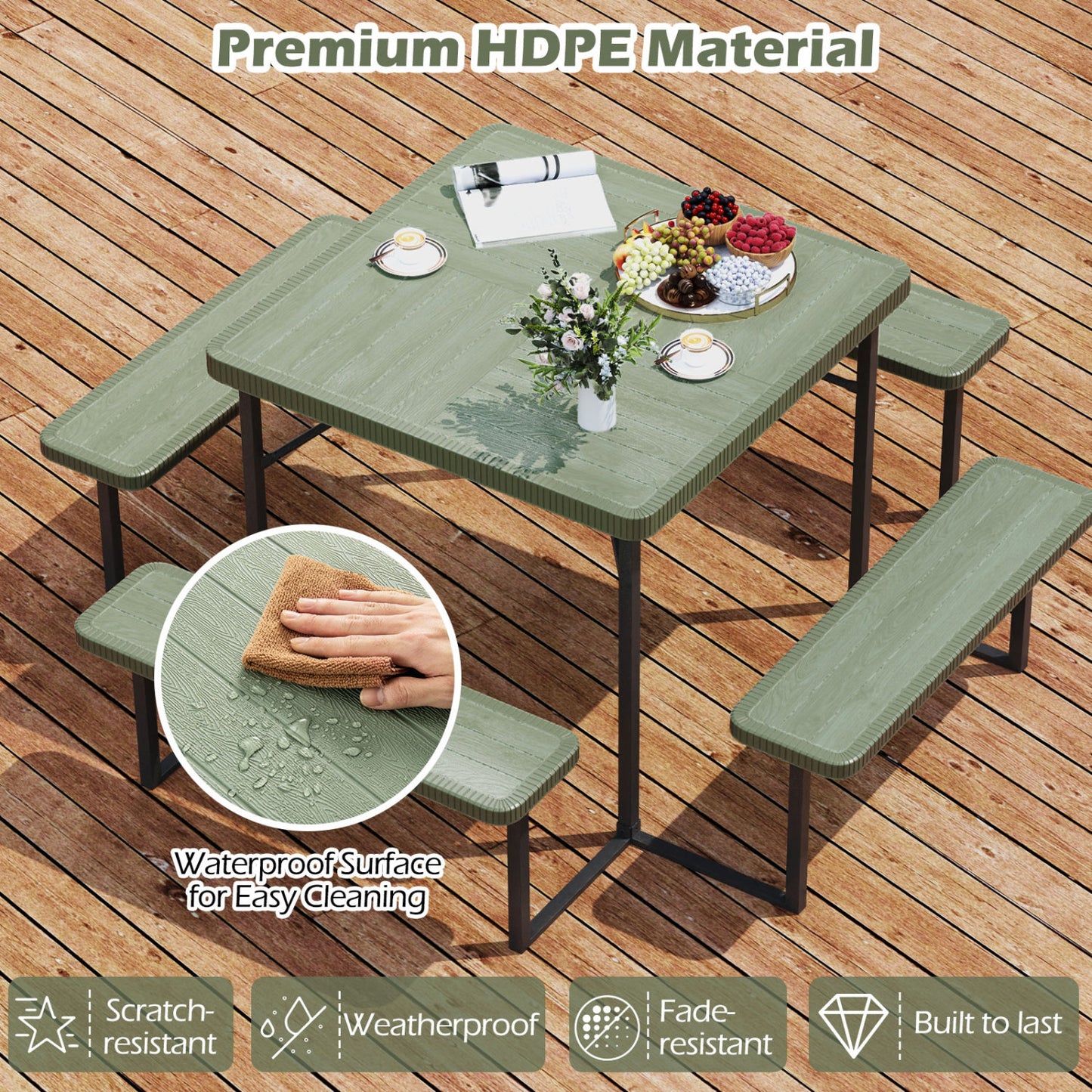 Outdoor Square Picnic Table Bench Set, 4-8 People, Umbrella Hole, Green