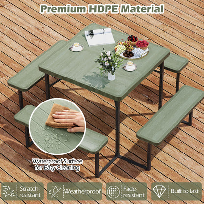 Outdoor Square Picnic Table Bench Set, 4-8 People, Umbrella Hole, Green