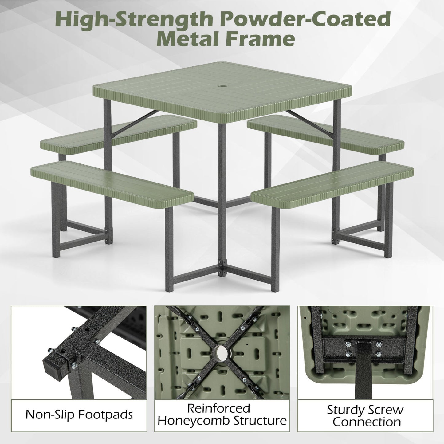 Outdoor Square Picnic Table Bench Set, 4-8 People, Umbrella Hole, Green