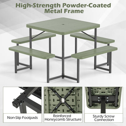 Outdoor Square Picnic Table Bench Set, 4-8 People, Umbrella Hole, Green