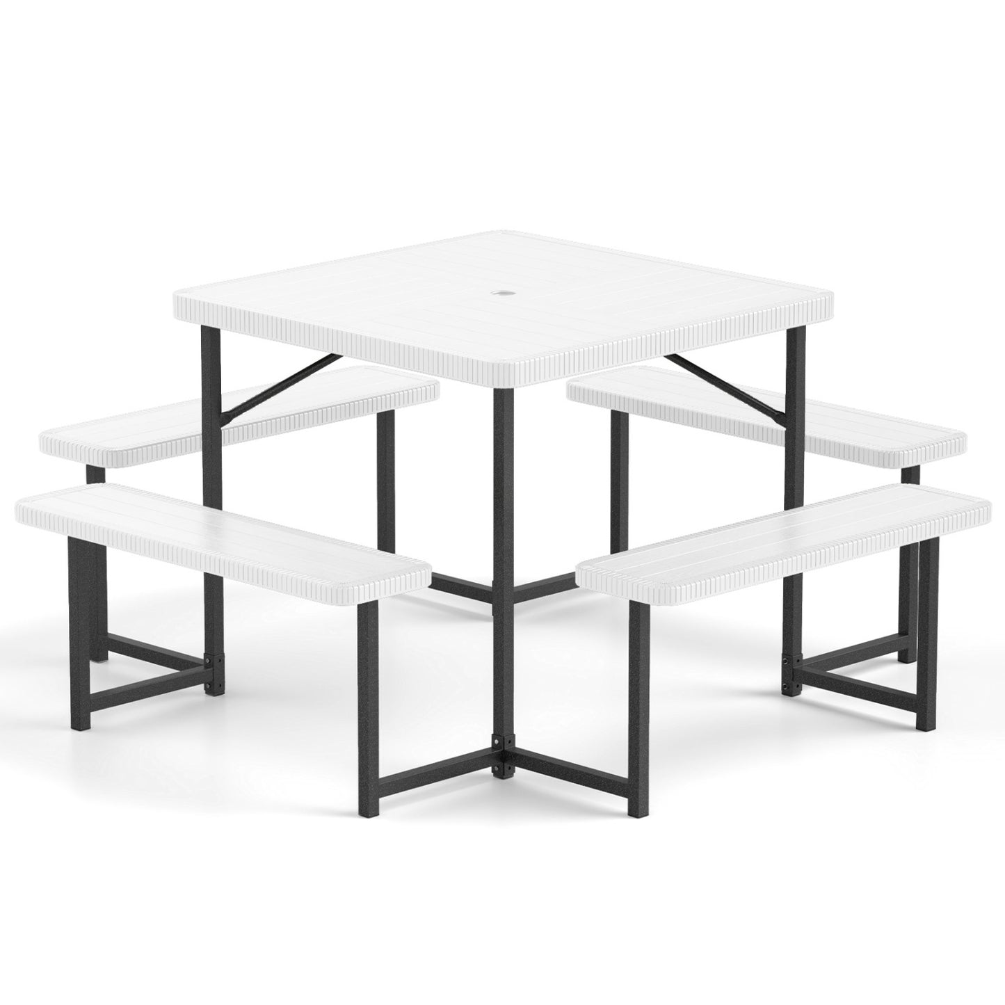 Square Picnic Table Bench Set, 4-8 People, Umbrella Hole, White Picnic Tables White at Gallery Canada