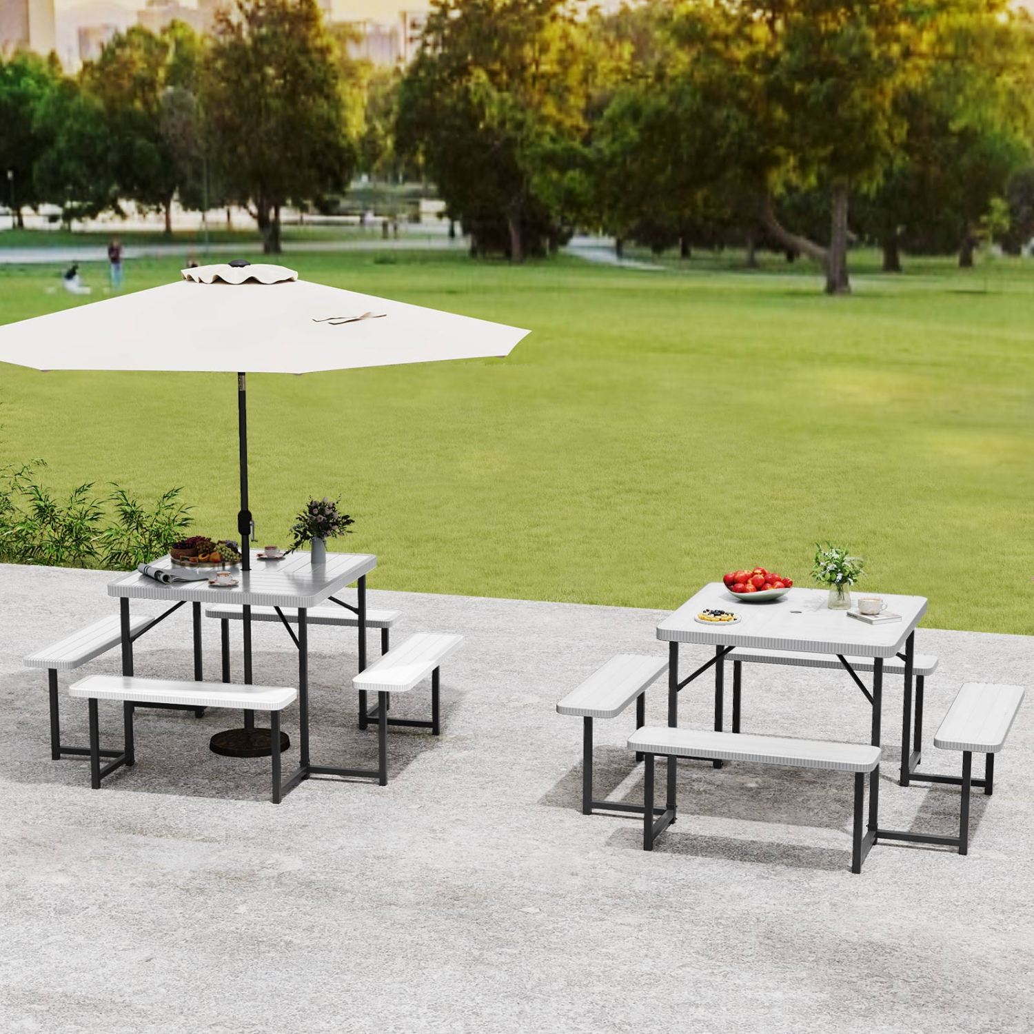 Square Picnic Table Bench Set, 4-8 People, Umbrella Hole, White Picnic Tables at Gallery Canada