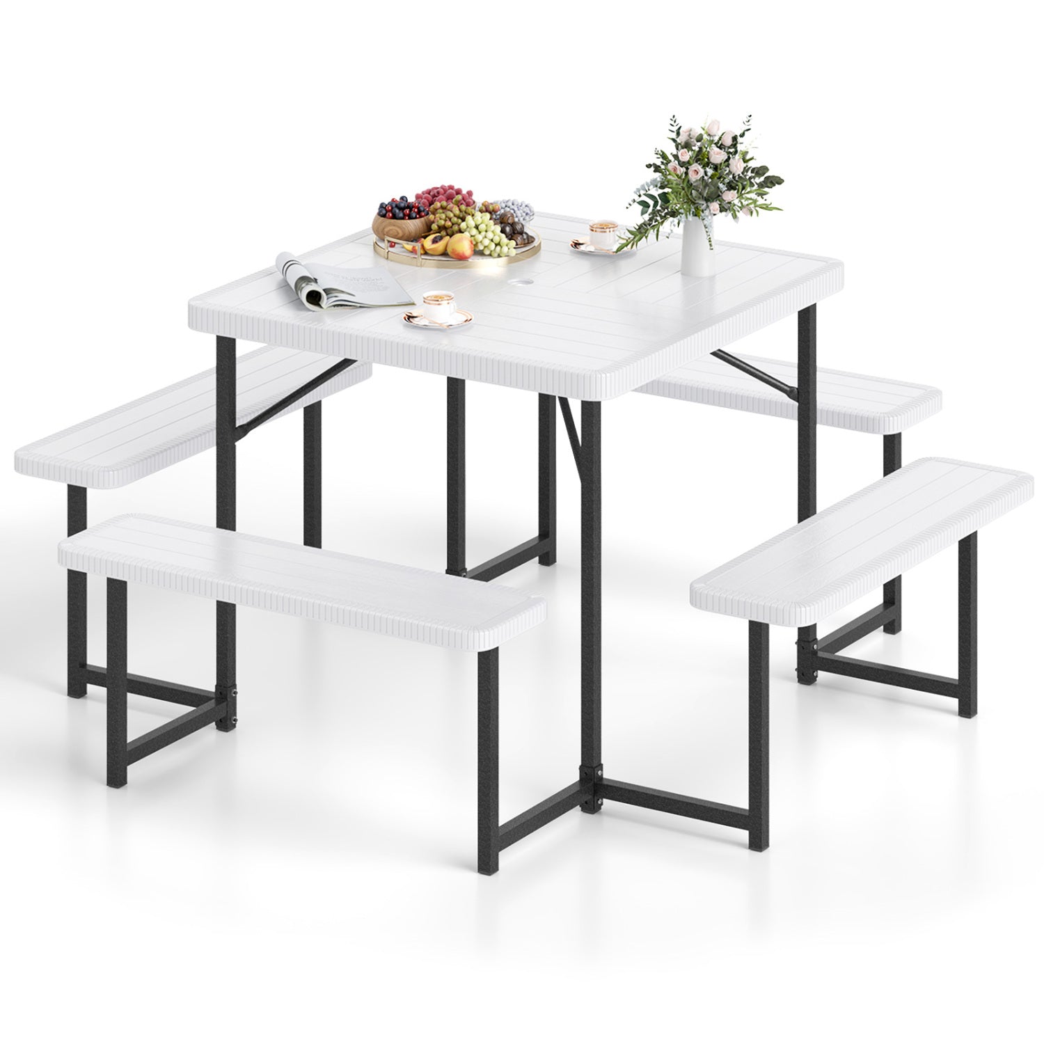 Square Picnic Table Bench Set, 4-8 People, Umbrella Hole, White Picnic Tables at Gallery Canada