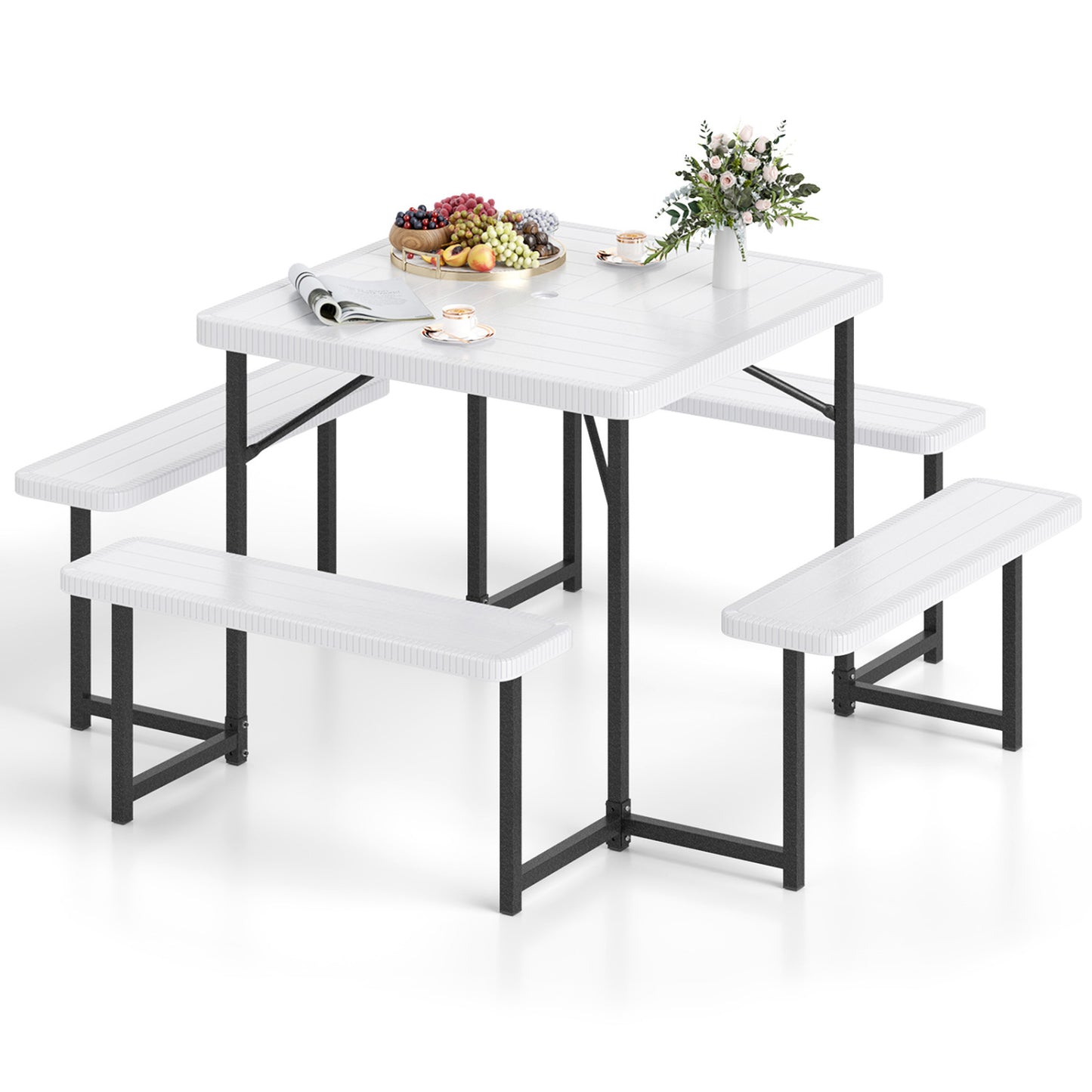 Square Picnic Table Bench Set, 4-8 People, Umbrella Hole, White Picnic Tables at Gallery Canada