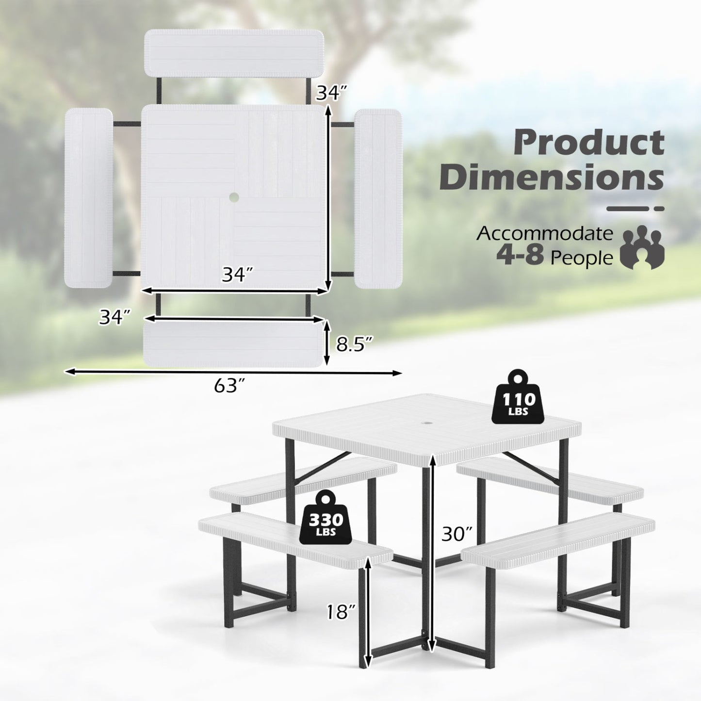 Square Picnic Table Bench Set, 4-8 People, Umbrella Hole, White Picnic Tables at Gallery Canada