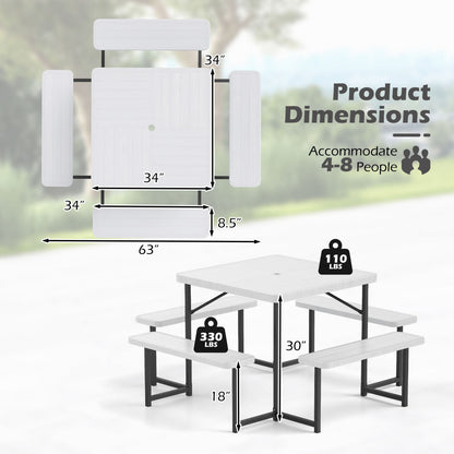 Square Picnic Table Bench Set, 4-8 People, Umbrella Hole, White Picnic Tables at Gallery Canada