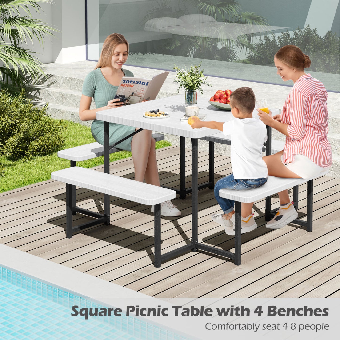 Square Picnic Table Bench Set, 4-8 People, Umbrella Hole, White Picnic Tables at Gallery Canada