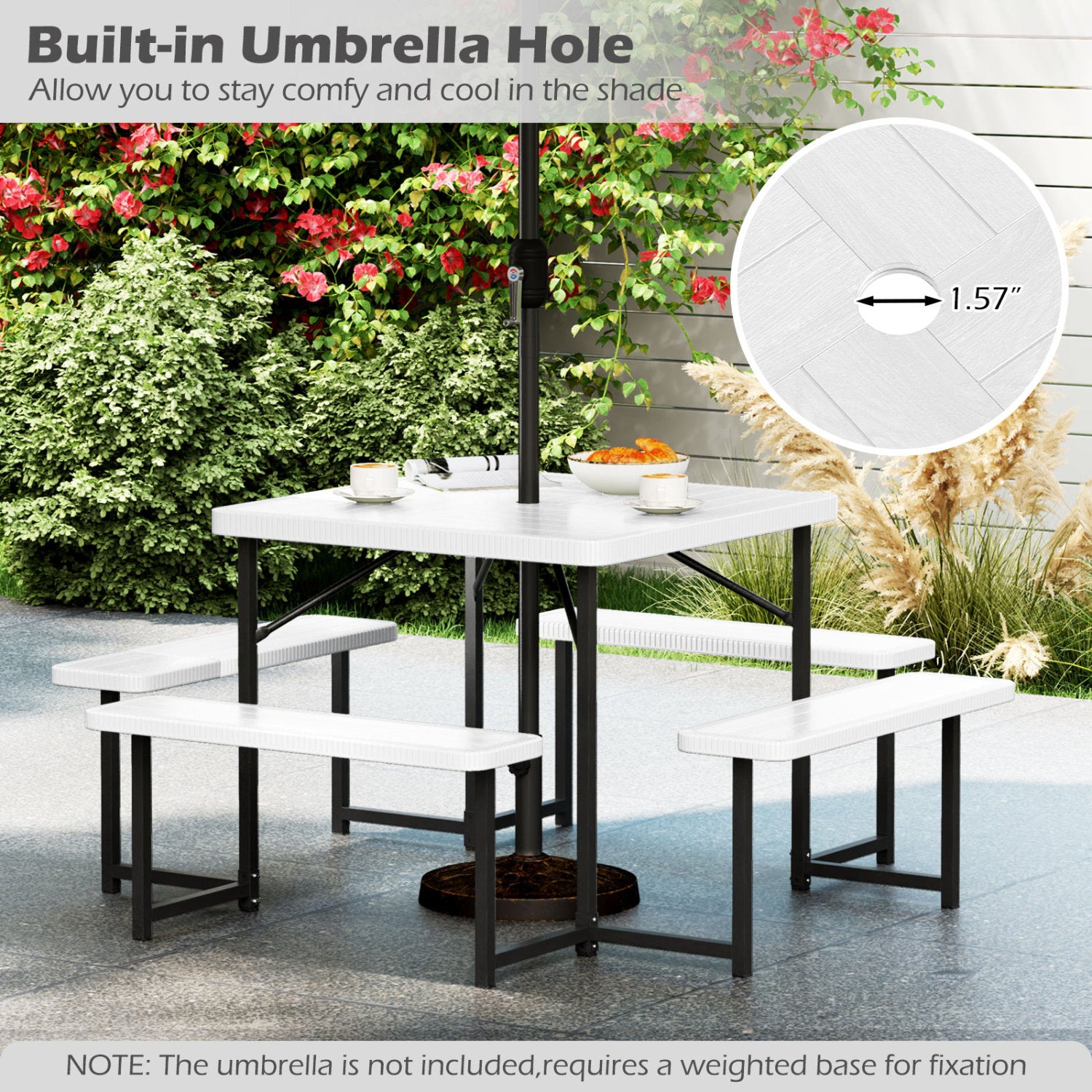 Square Picnic Table Bench Set, 4-8 People, Umbrella Hole, White Picnic Tables at Gallery Canada