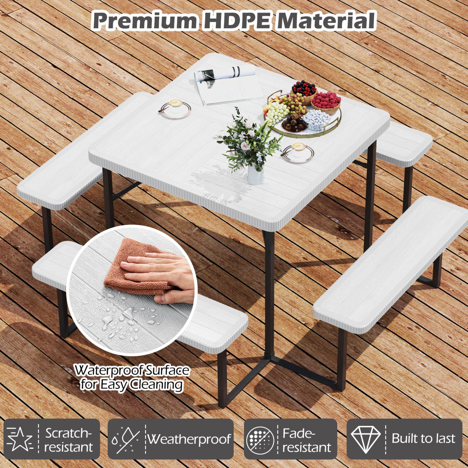 Square Picnic Table Bench Set, 4-8 People, Umbrella Hole, White Picnic Tables at Gallery Canada