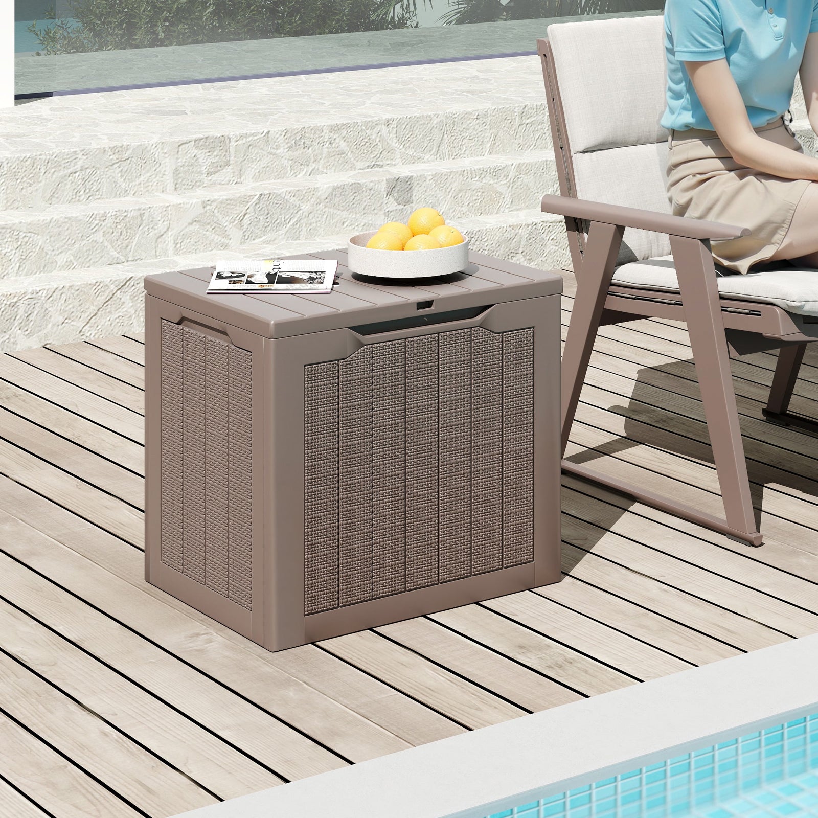 Outdoor Storage Box 25 Gallon Deck Box with Lockable Lid and Wicker-woven Texture, Brown Garages at Gallery Canada