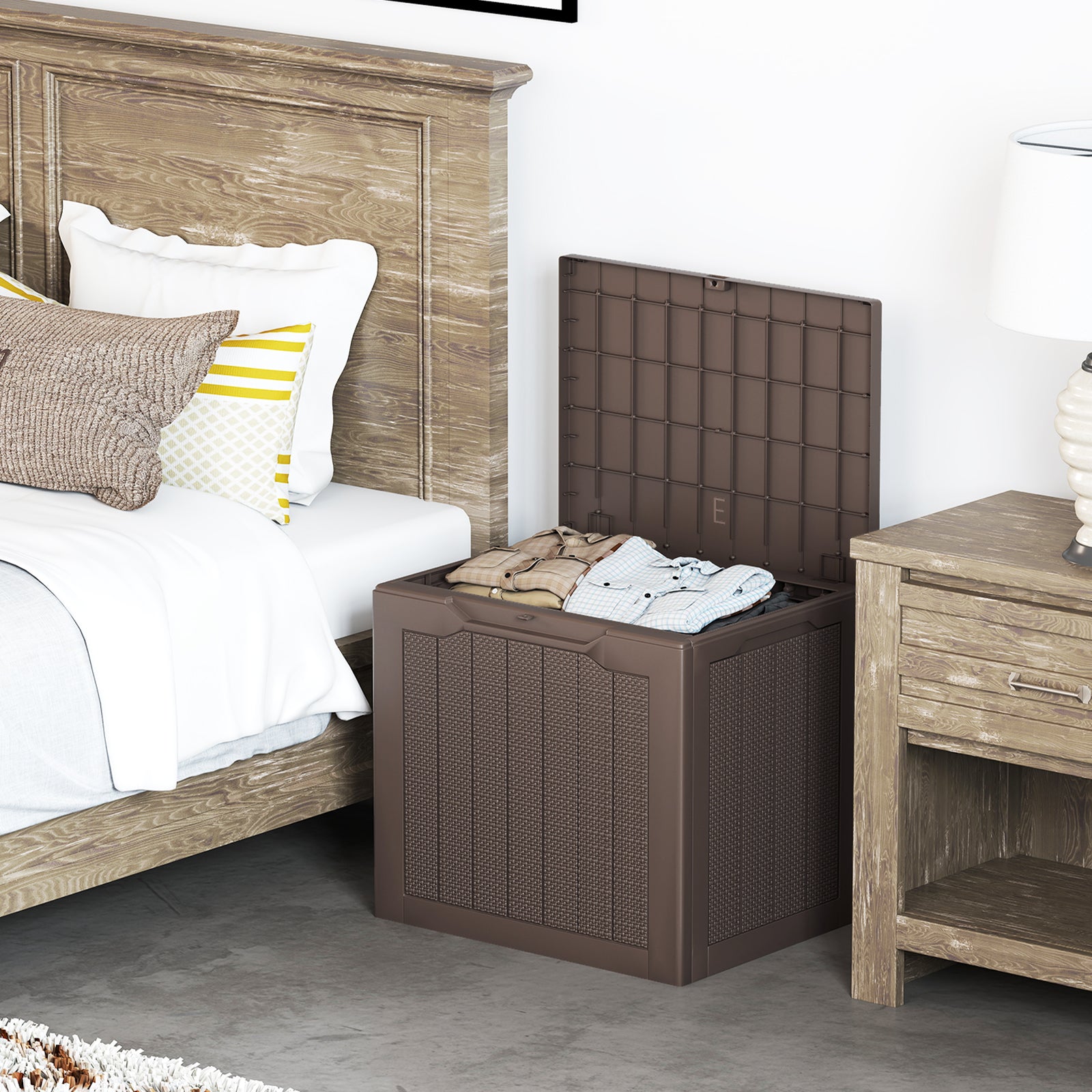 Outdoor Storage Box 25 Gallon Deck Box with Lockable Lid and Wicker-woven Texture, Brown Garages at Gallery Canada