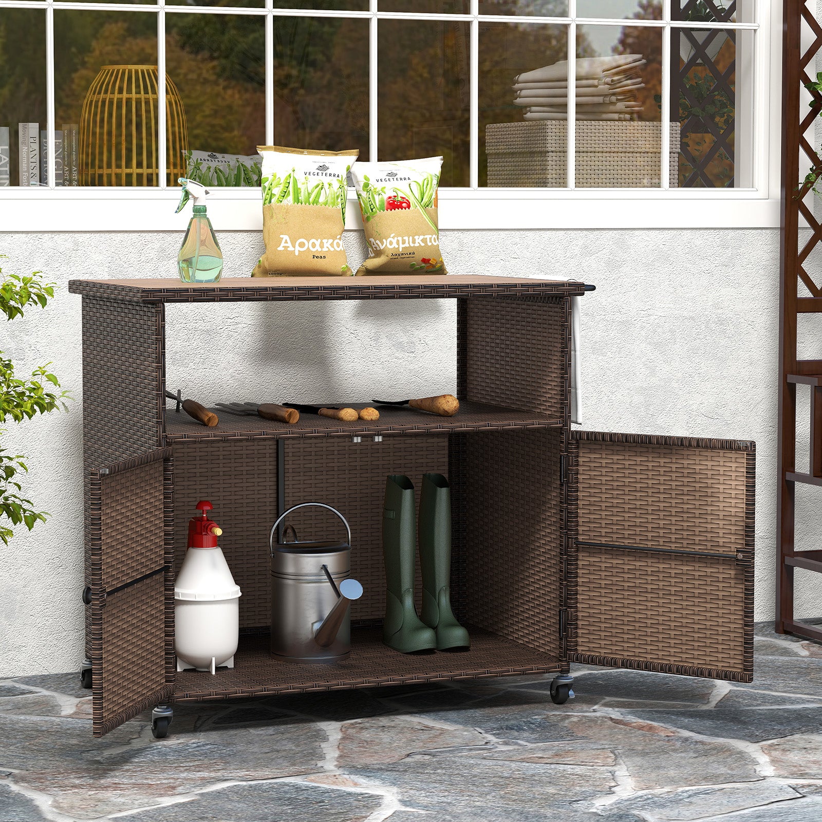 Outdoor Storage Cabinet with Acacia Wood Top and Lockable Wheels Sheds & Outdoor Storage at Gallery Canada