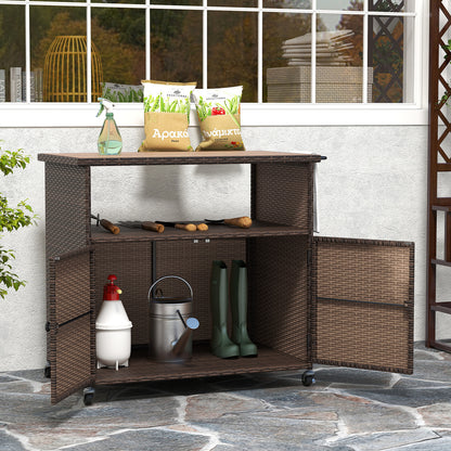 Outdoor Storage Cabinet with Acacia Wood Top and Lockable Wheels Sheds & Outdoor Storage at Gallery Canada
