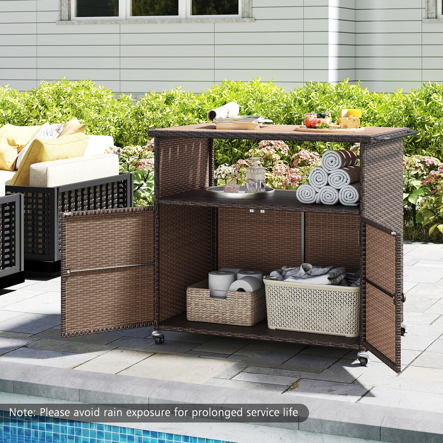 Outdoor Storage Cabinet with Acacia Wood Top and Lockable Wheels Sheds & Outdoor Storage at Gallery Canada