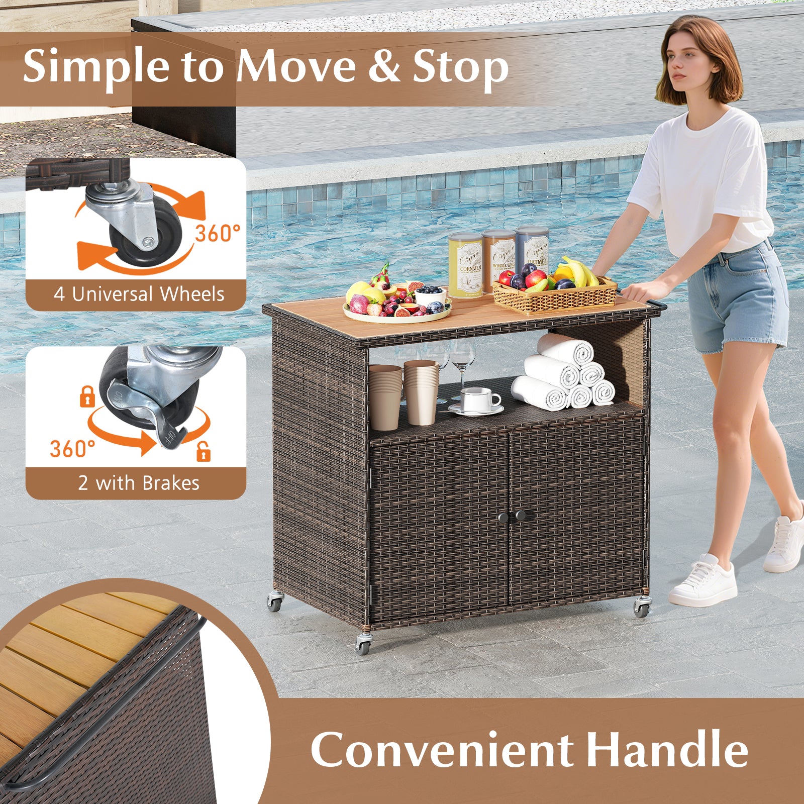 Outdoor Storage Cabinet with Acacia Wood Top and Lockable Wheels Sheds & Outdoor Storage at Gallery Canada