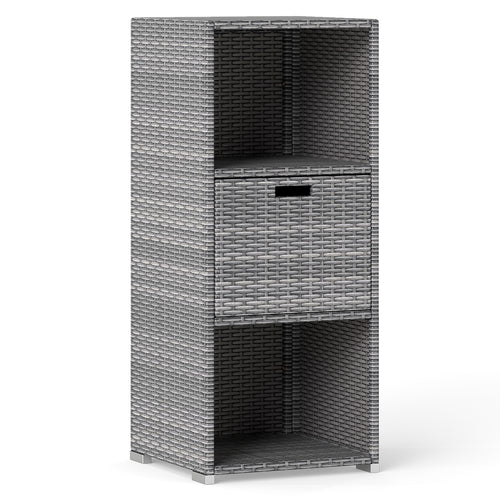 Outdoor Storage Cabinet, Wicker Organizer With Drawer, Gray