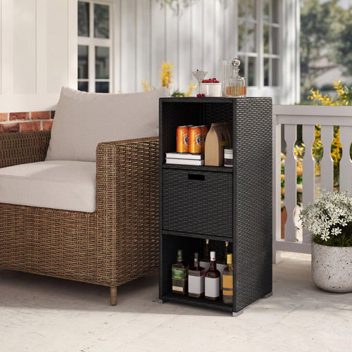 Outdoor Storage Cabinet, Wicker Organizer With Drawer, Black