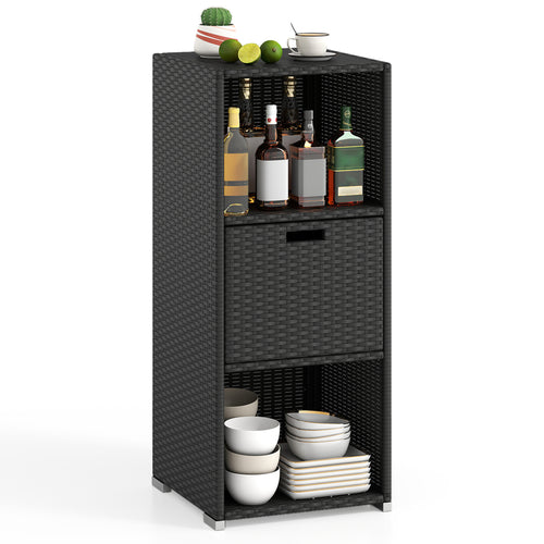 Outdoor Storage Cabinet, Wicker Organizer With Drawer, Black
