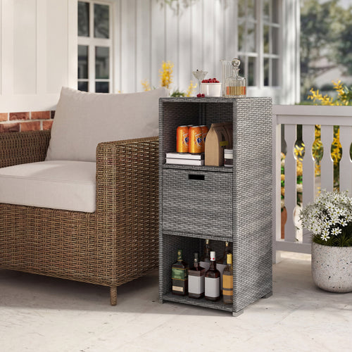 Outdoor Storage Cabinet, Wicker Organizer With Drawer, Gray
