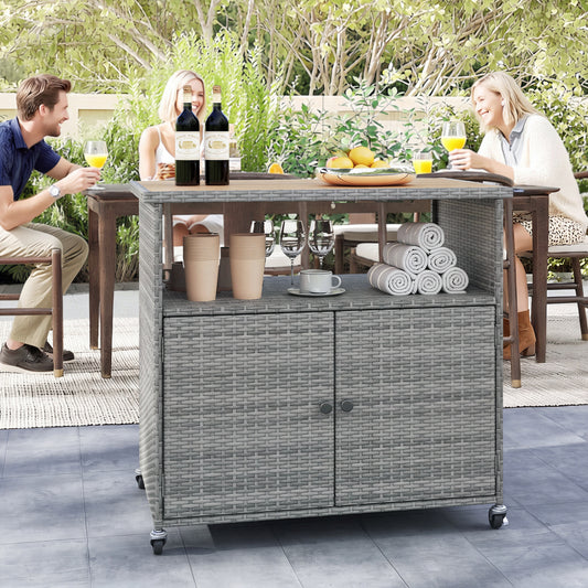Outdoor Storage Cabinet, Acacia Wood Top, Lockable Wheels, Gray