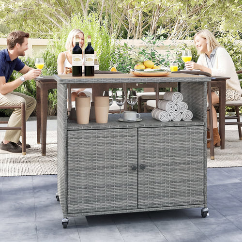 Outdoor Storage Cabinet, Acacia Wood Top, Lockable Wheels, Gray