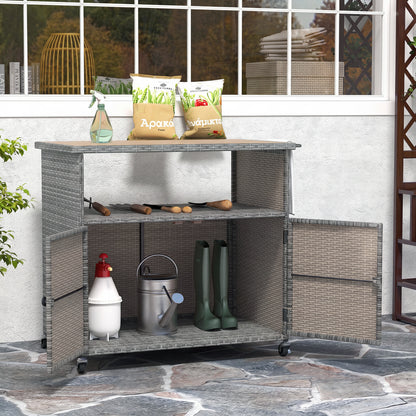 Outdoor Storage Cabinet, Acacia Wood Top, Lockable Wheels, Gray